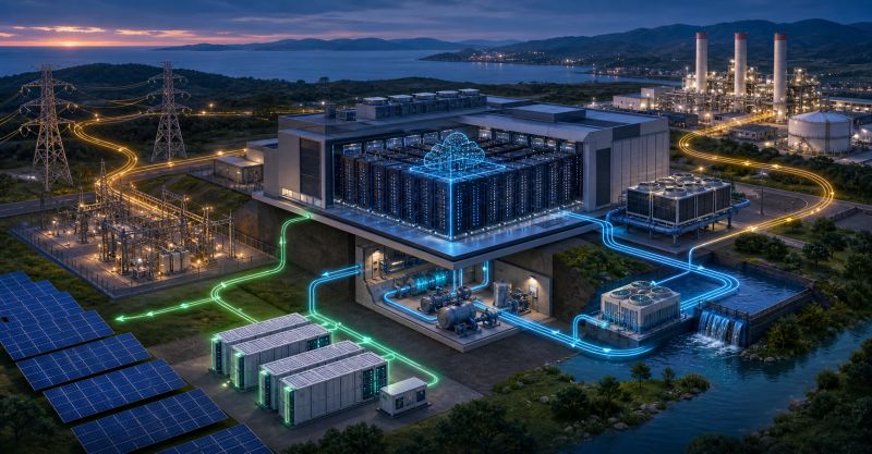 A data centre integrated into the wider energy system at dusk, drawing on solar, battery storage, hydro, gas-fired generation and the transmission substation that connects them