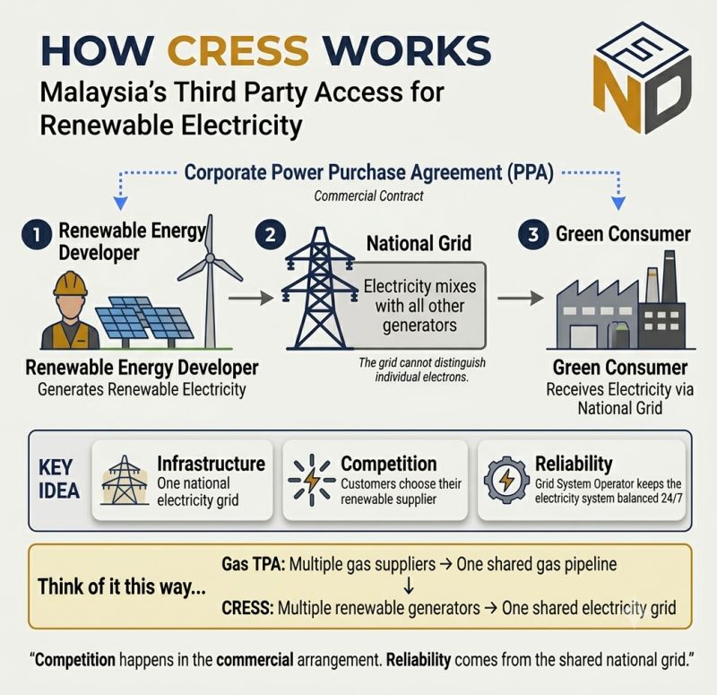 How CRESS works — Malaysia's Third Party Access for renewable electricity, from renewable developer through the national grid to the green consumer