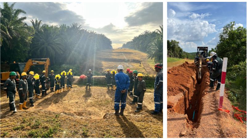 Construction under way along the pipeline right-of-way, with the site team at the corridor and trenching work laying fibre alongside the existing route