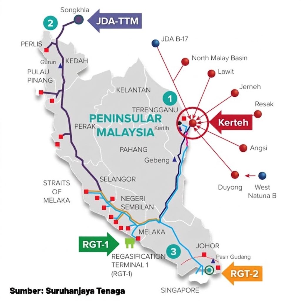 Peninsular Gas Utilisation (PGU) pipeline network map — connecting gas fields, Kerteh, regasification terminals RGT-1 and RGT-2, and demand centres across Peninsular Malaysia