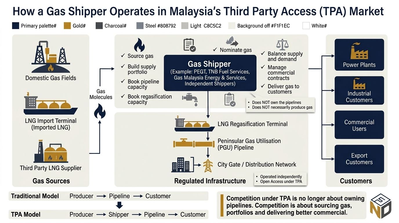 How a Gas Shipper operates in Malaysia's Third Party Access (TPA) market — from gas sources through the shipper to regulated infrastructure and customers