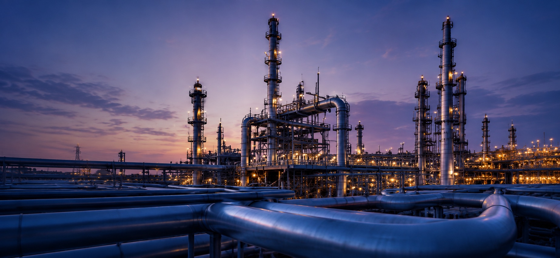 Oil and gas refinery at dusk