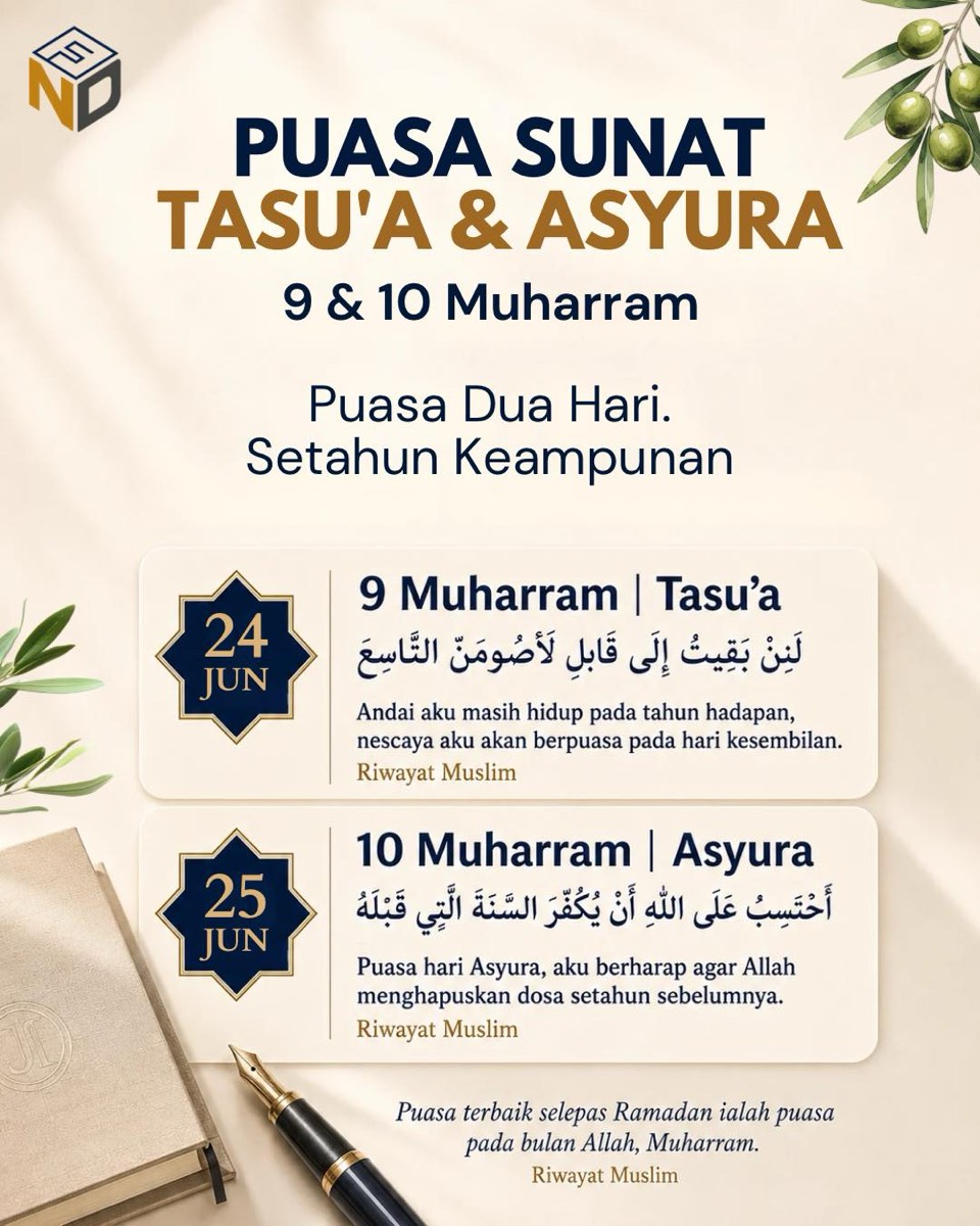 Infographic on the sunnah fasts of Tasu'a and Asyura on 9 and 10 Muharram