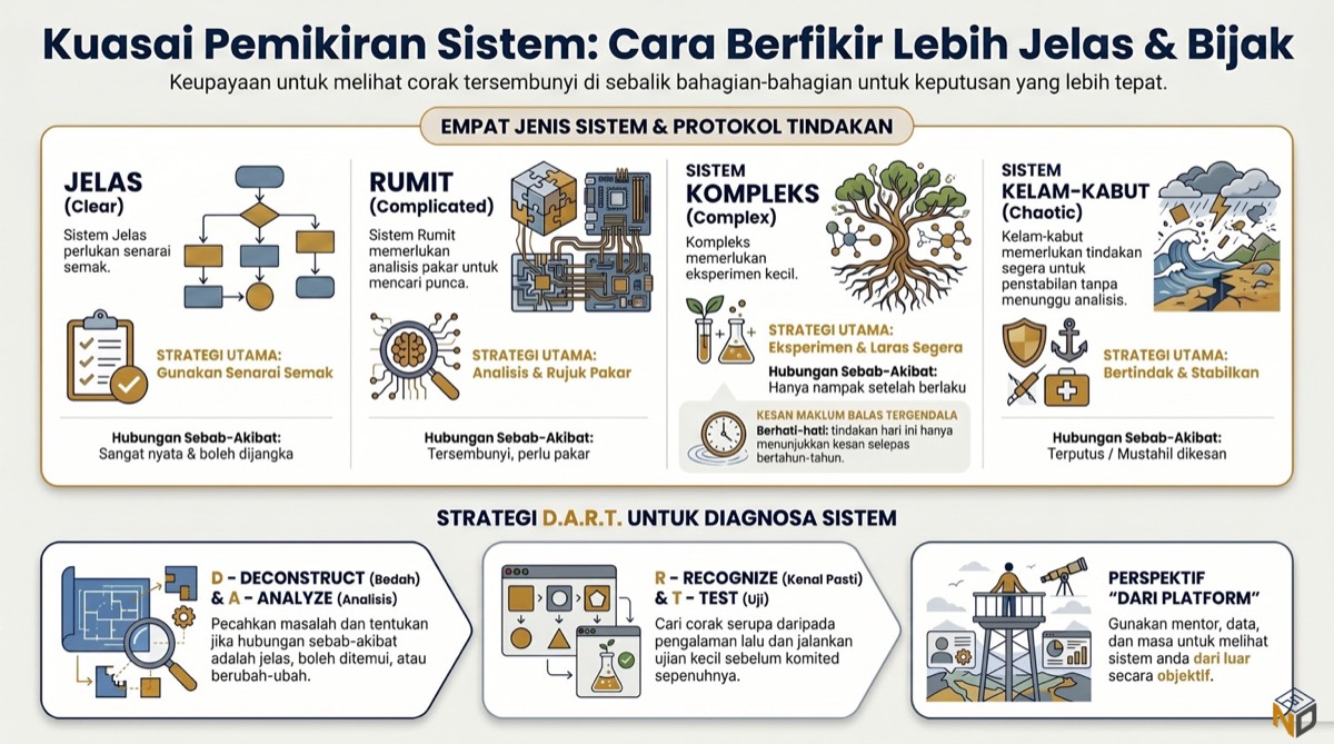 Infographic on systems thinking, covering the four types of systems — clear, complicated, complex and chaotic — and the DART framework for diagnosing them