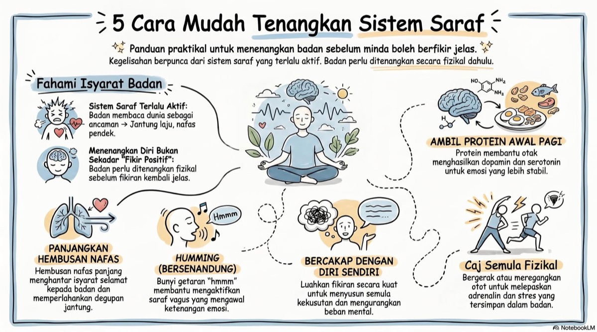 Infographic on five simple ways to calm the nervous system: lengthening the exhale, humming, talking to yourself, morning protein, and physical movement