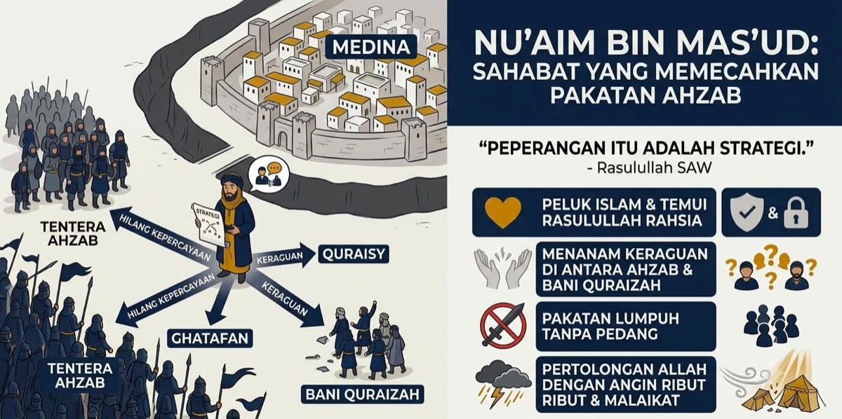Infographic showing how Nu'aim bin Mas'ud RA broke the confederate Ahzab alliance during the Battle of the Trench by sowing distrust between Bani Quraizah, Quraisy and Ghatafan