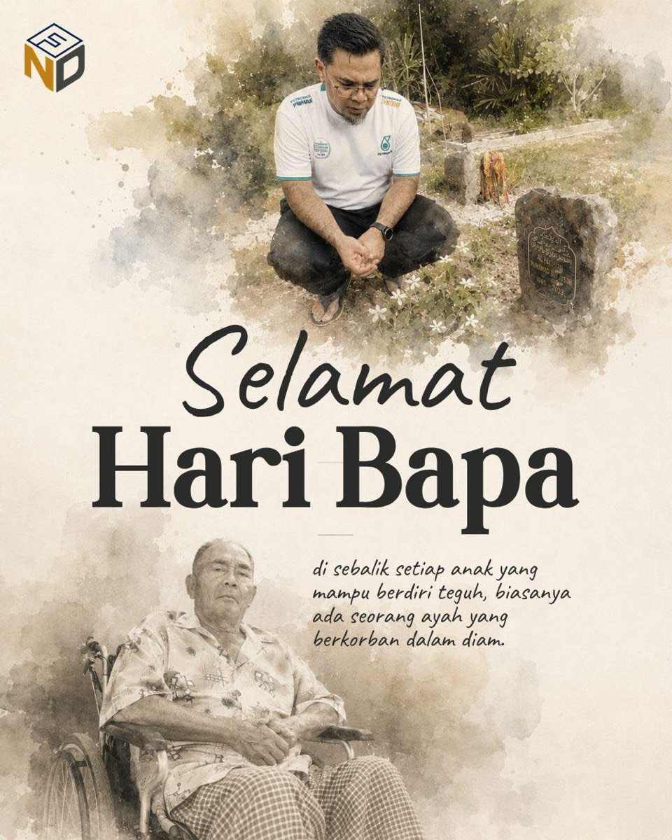 A Father's Day tribute graphic showing Mohd Effandi at his father's grave, and his late father in earlier years